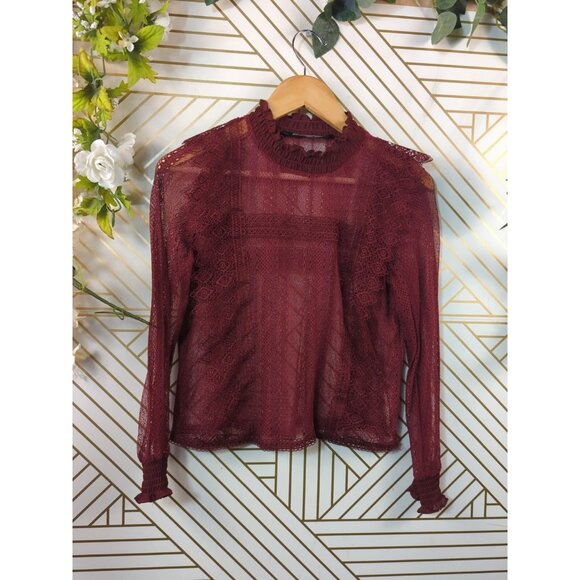 ZARA Women's Burgundy ROMANTIC Lace Sheer High Neck Top Long Sleeve Blouse Sz XS - Picture 2 of 7